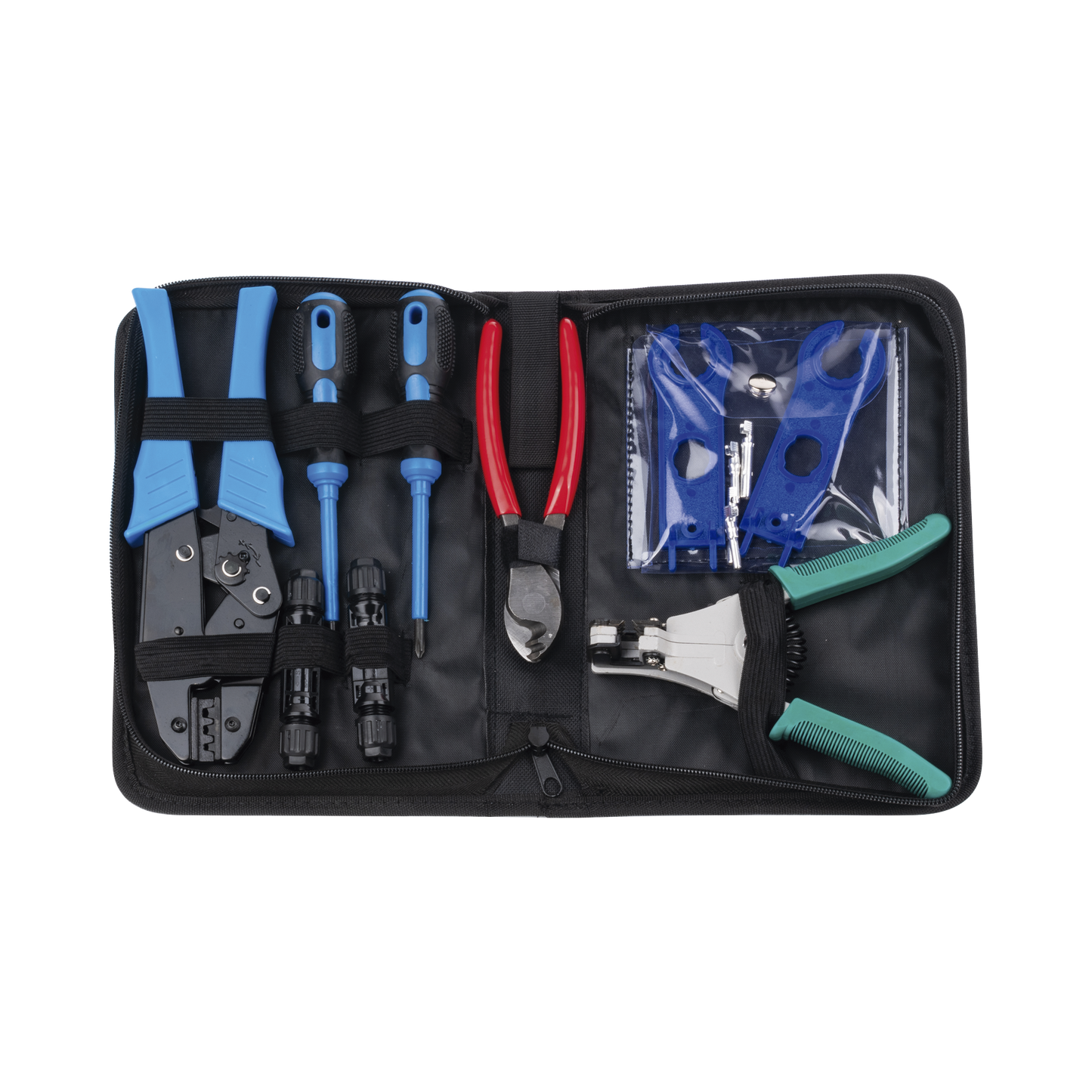 Juego de Herramientas y Accesorios, para Instalación de Sistema Solar. Incluye: Pinzas (3), Desarmadores (2), Llaves (2) y Accesorios (7)