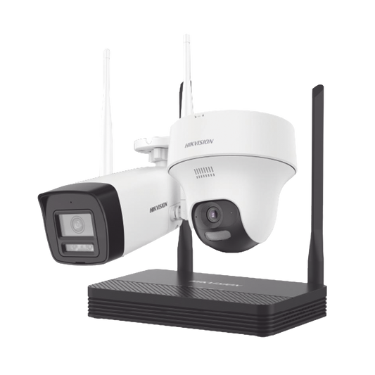 Kit IP Inalámbrico 4 Megapixel / NVS 4 Canales / 1 Cámara Bala Exterior + 1 Cámara Turret Interior con Lente 2.8 mm y Dual Light